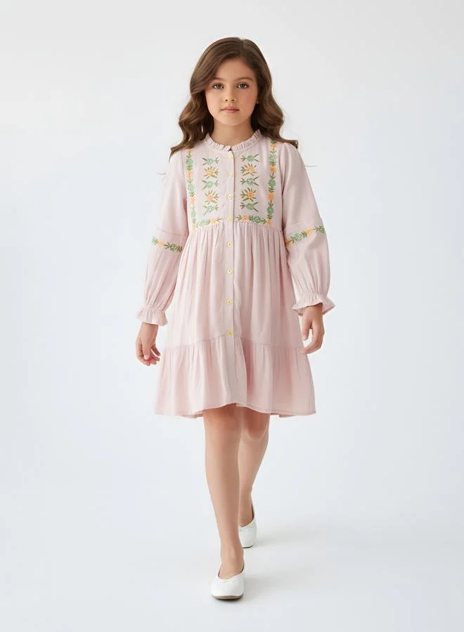 Bella Moda Girls Pink Floral Embroidered Ruffle Details Midi Dress
