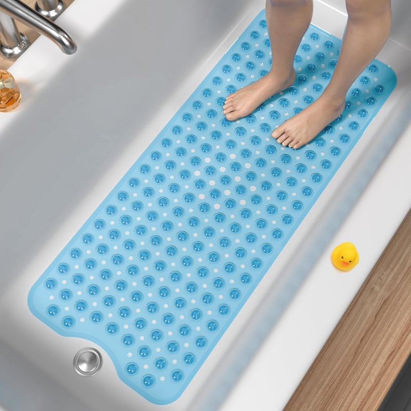 HITSLAM Bath Mat for Tub Non Slip Bathtub Mat 40 x 16 Inch Extra Long Bath Tub Mat Machine Washable Bathroom Shower Mat with Suction Cups and Drain Holes Soft on Feet Clear Blue