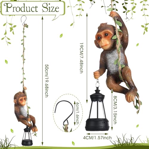 Rossesay Solar Light Outdoor Monkey Statues Brown 7.48 Inch Resin Chimpanzee Baby Monkey Climbing on Vine with LED Lantern Waterproof Hanging Figurine with Hook for Yard Garden Wall - Image 2