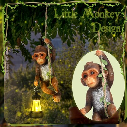 Rossesay Solar Light Outdoor Monkey Statues Brown 7.48 Inch Resin Chimpanzee Baby Monkey Climbing on Vine with LED Lantern Waterproof Hanging Figurine with Hook for Yard Garden Wall - Image 5