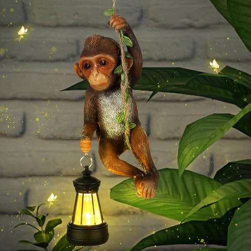 Rossesay Solar Light Outdoor Monkey Statues Brown 7.48 Inch Resin Chimpanzee Baby Monkey Climbing on Vine with LED Lantern Waterproof Hanging Figurine with Hook for Yard Garden Wall - Image 1