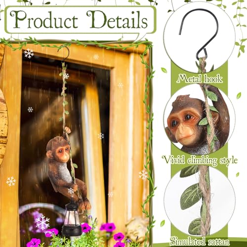 Rossesay Solar Light Outdoor Monkey Statues Brown 7.48 Inch Resin Chimpanzee Baby Monkey Climbing on Vine with LED Lantern Waterproof Hanging Figurine with Hook for Yard Garden Wall - Image 3