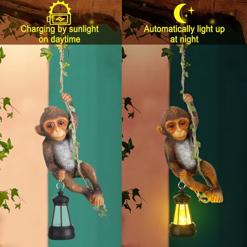 Rossesay Solar Light Outdoor Monkey Statues Brown 7.48 Inch Resin Chimpanzee Baby Monkey Climbing on Vine with LED Lantern Waterproof Hanging Figurine with Hook for Yard Garden Wall - Image 4