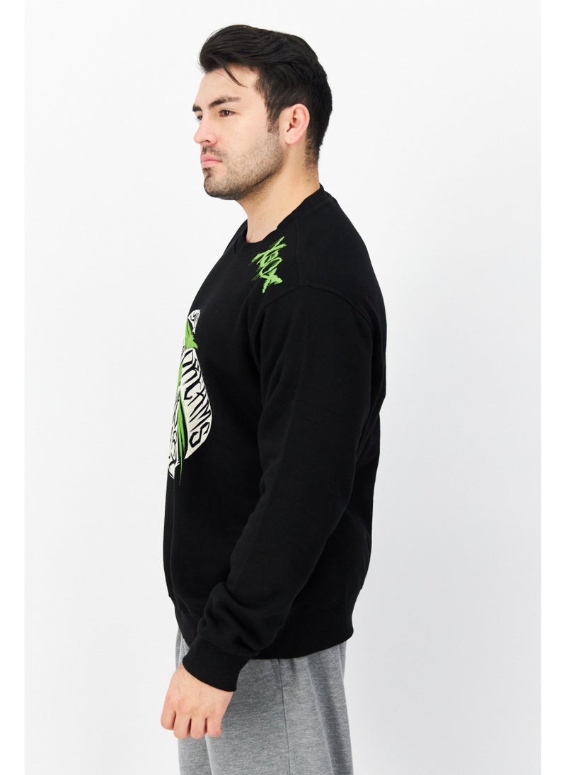 DIFUZED Men Crew Neck Printed Long Sleeve Fleece Sweatshirts, Black - Image 5