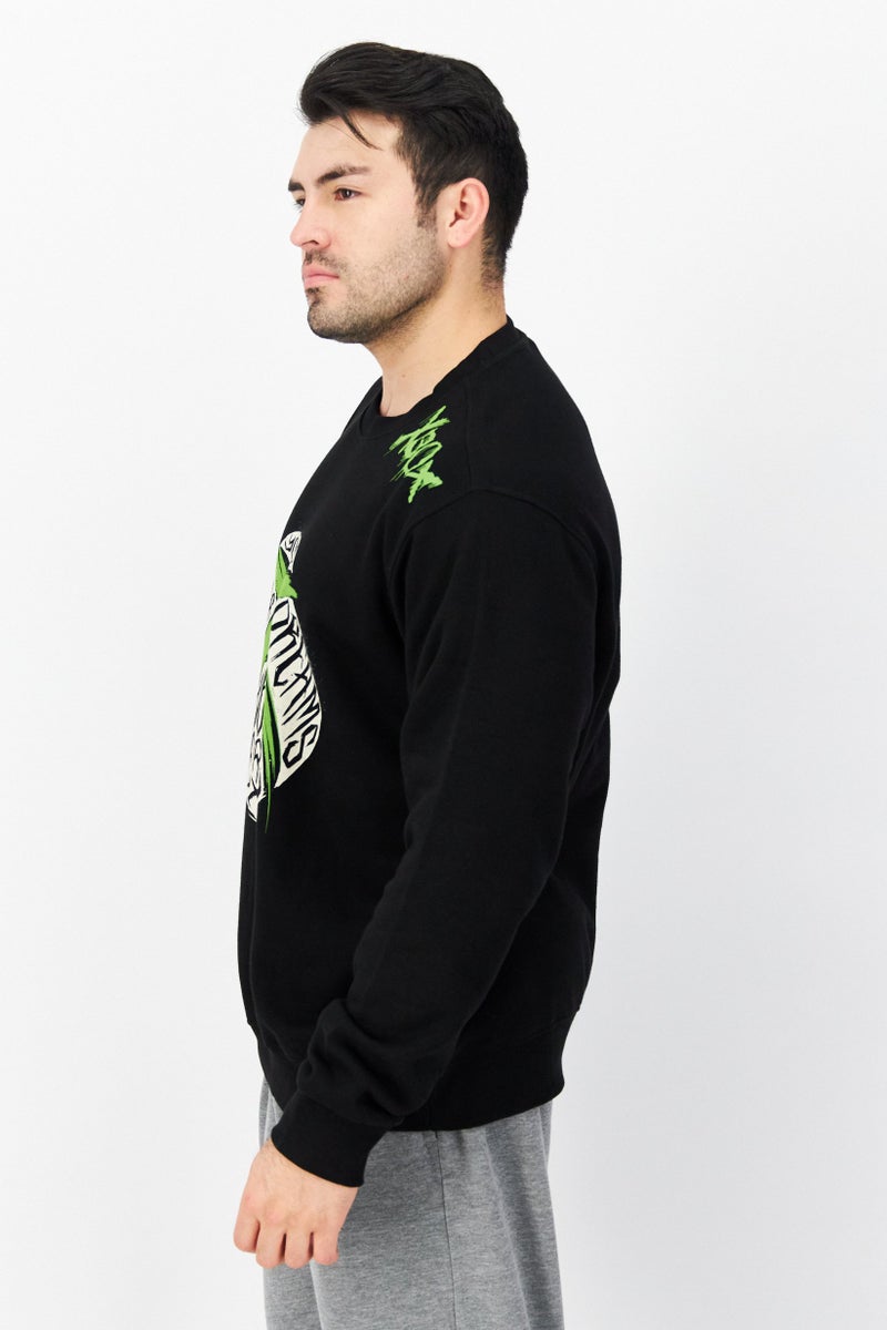 DIFUZED Men Crew Neck Printed Long Sleeve Fleece Sweatshirts, Black - Image 3