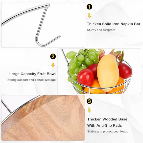 Livabber Countertop Fruit Basket Bowl with Banana Hanger, Modern Standing Fruit Vegetable Bowl Storage, with Banana Tree Holder for Kitchen Dinning Table (Round Wood, Chrome) - Image 4