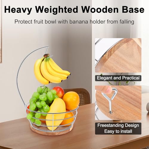 Livabber Countertop Fruit Basket Bowl with Banana Hanger, Modern Standing Fruit Vegetable Bowl Storage, with Banana Tree Holder for Kitchen Dinning Table (Round Wood, Chrome) - Image 5