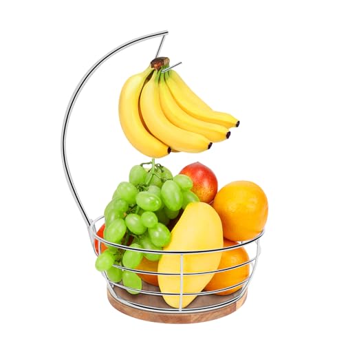 Livabber Countertop Fruit Basket Bowl with Banana Hanger, Modern Standing Fruit Vegetable Bowl Storage, with Banana Tree Holder for Kitchen Dinning Table (Round Wood, Chrome) - Image 1