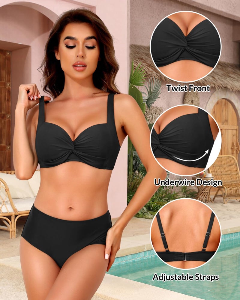 Yonique Women Underwire Bikini Top - Push Up Bathing Suit Top Padded Bra Swimsuit Top Black M - Image 4