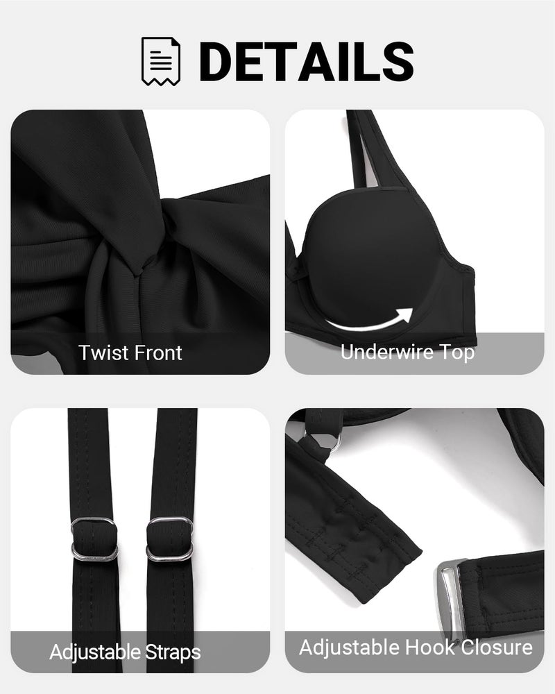 Yonique Women Underwire Bikini Top - Push Up Bathing Suit Top Padded Bra Swimsuit Top Black M - Image 5