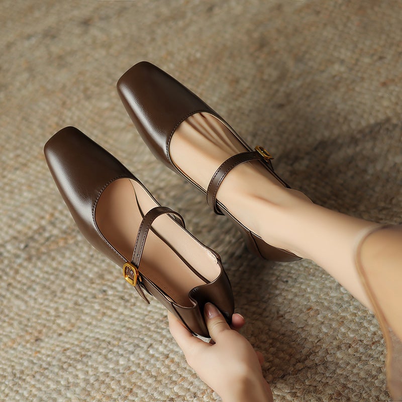 2024 Spring Retro Mid-Heel Women'S Shoes 31-43 Plus Size Square Head Buckle Shallow Mouth Single Shoes - Image 4