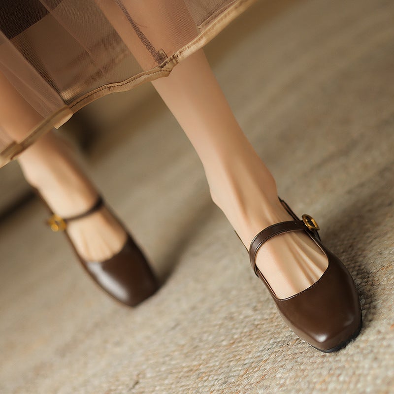 2024 Spring Retro Mid-Heel Women'S Shoes 31-43 Plus Size Square Head Buckle Shallow Mouth Single Shoes - Image 5