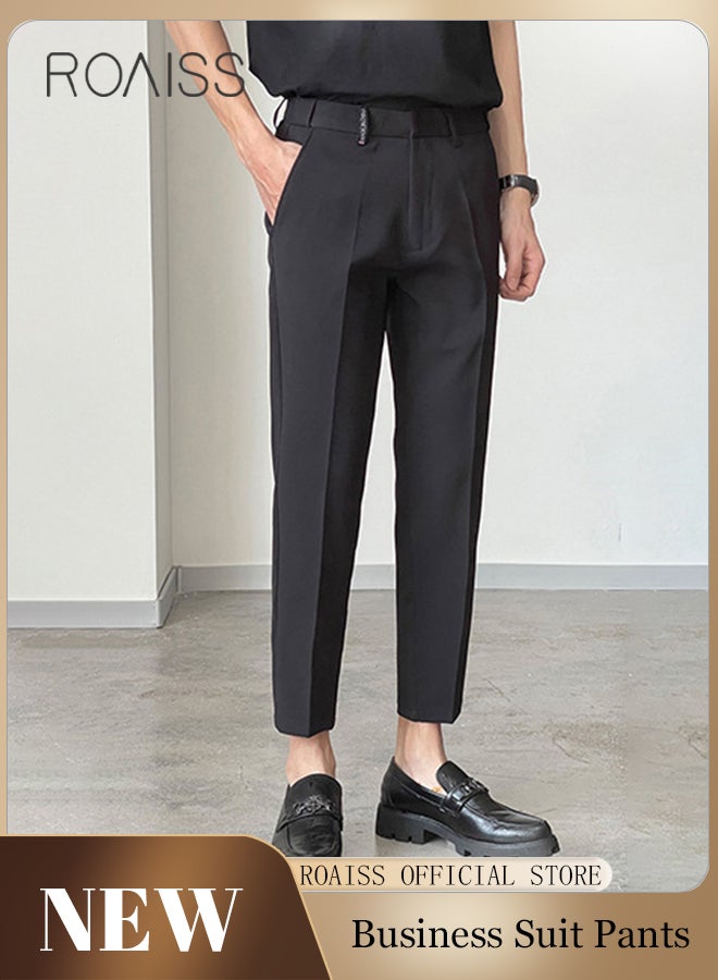 roaiss Business Casual Suit Pants for Men Premium Mid Rise Stretch Slim Fit Gentleman Cropped Trousers Mens Stylish Comfortable Breathable Skin Friendly Pencil Pants with Three Dimensional Crease - Image 2