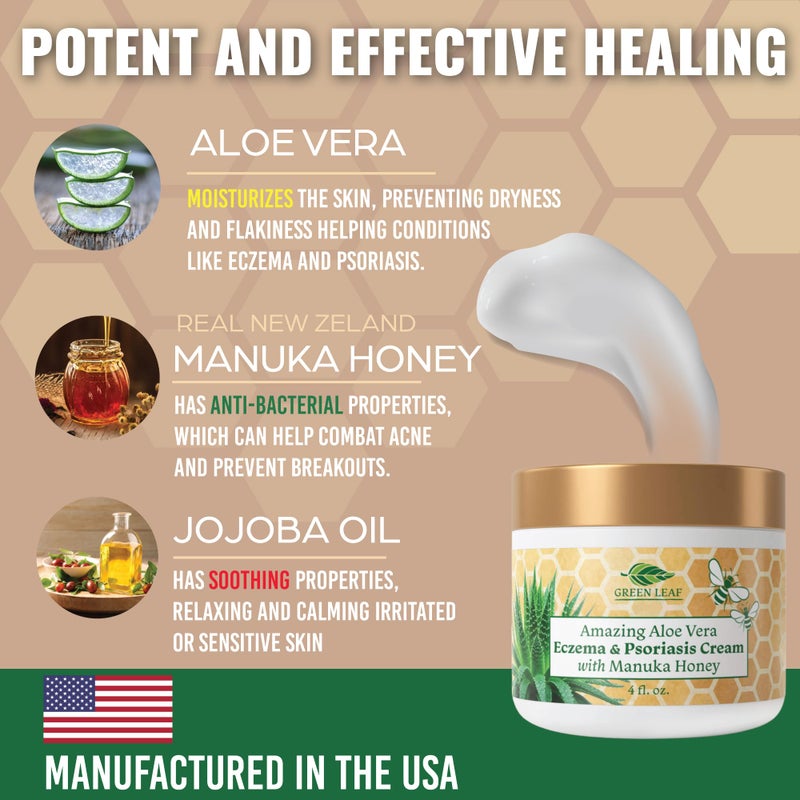 Green Leaf Manuka Honey Eczema Cream Moisturizing Lotion Fragrance Free For Psoriasis Relief - Itchy, Dry Skin Rash Ointment - Skin Soothing Moisturizer - Body & Face Cream - Kids & Adults 16oz - Image 3