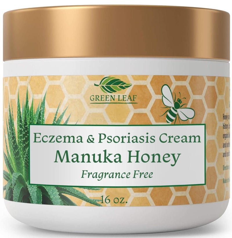 Green Leaf Manuka Honey Eczema Cream Moisturizing Lotion Fragrance Free For Psoriasis Relief - Itchy, Dry Skin Rash Ointment - Skin Soothing Moisturizer - Body & Face Cream - Kids & Adults 16oz - Image 1