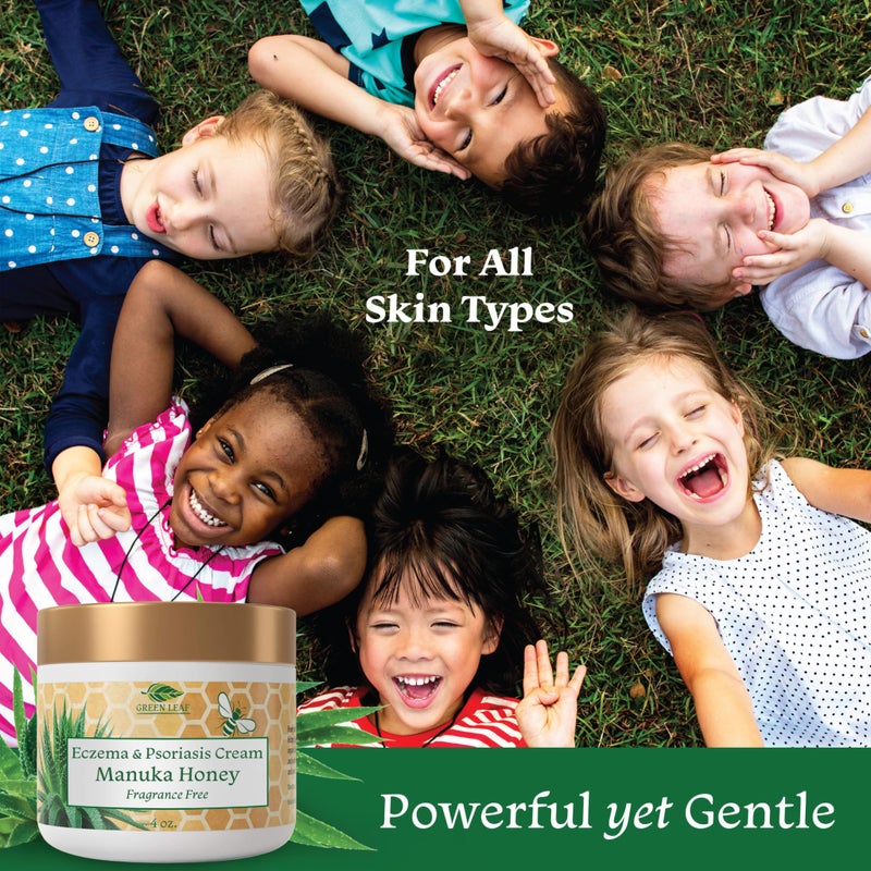 Green Leaf Manuka Honey Eczema Cream Moisturizing Lotion Fragrance Free For Psoriasis Relief - Itchy, Dry Skin Rash Ointment - Skin Soothing Moisturizer - Body & Face Cream - Kids & Adults 16oz - Image 5