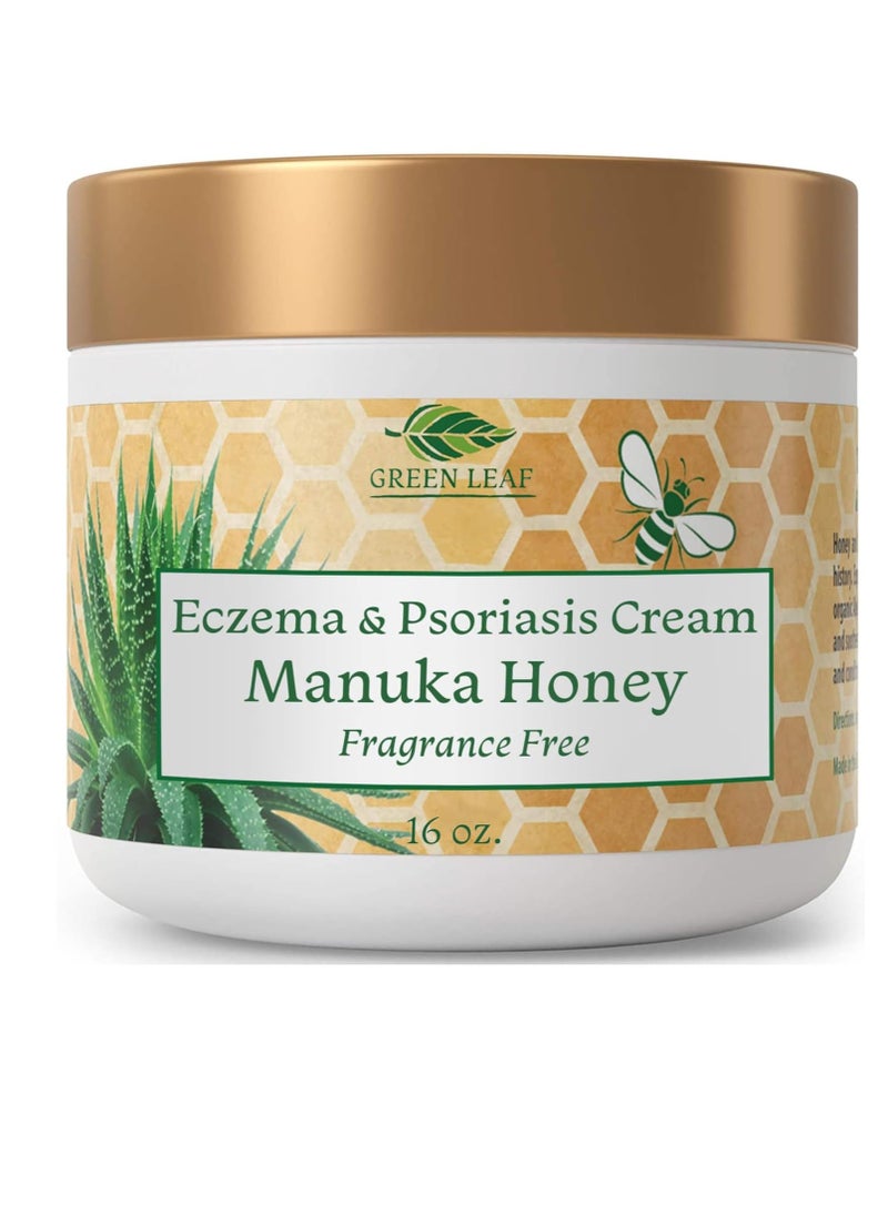 Green Leaf - Manuka Honey Eczema Cream (Fragrance Free) 16oz - Moisturizing Lotion Treatment For Psoriasis Relief - Itchy, Dry Skin Rash Healing Ointment - Skin Soothing Moisturizer For Kids, Adults, Baby Crème - Image 1