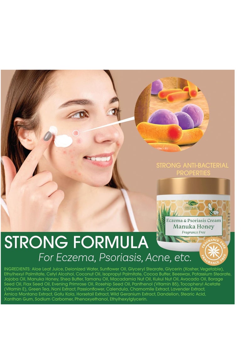 Green Leaf - Manuka Honey Eczema Cream (Fragrance Free) 16oz - Moisturizing Lotion Treatment For Psoriasis Relief - Itchy, Dry Skin Rash Healing Ointment - Skin Soothing Moisturizer For Kids, Adults, Baby Crème - Image 1