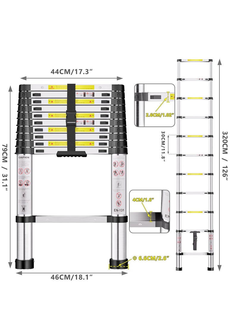 Telescopic Ladder, 3.2M Stainless Steel Thickened High-Strength Ladder, Loft Ladder with Non-Slip Feet, Extendable Portable Ladders, Adjustable Height Folding Ladder for Roofs, Attics, and Caravans. - Image 4
