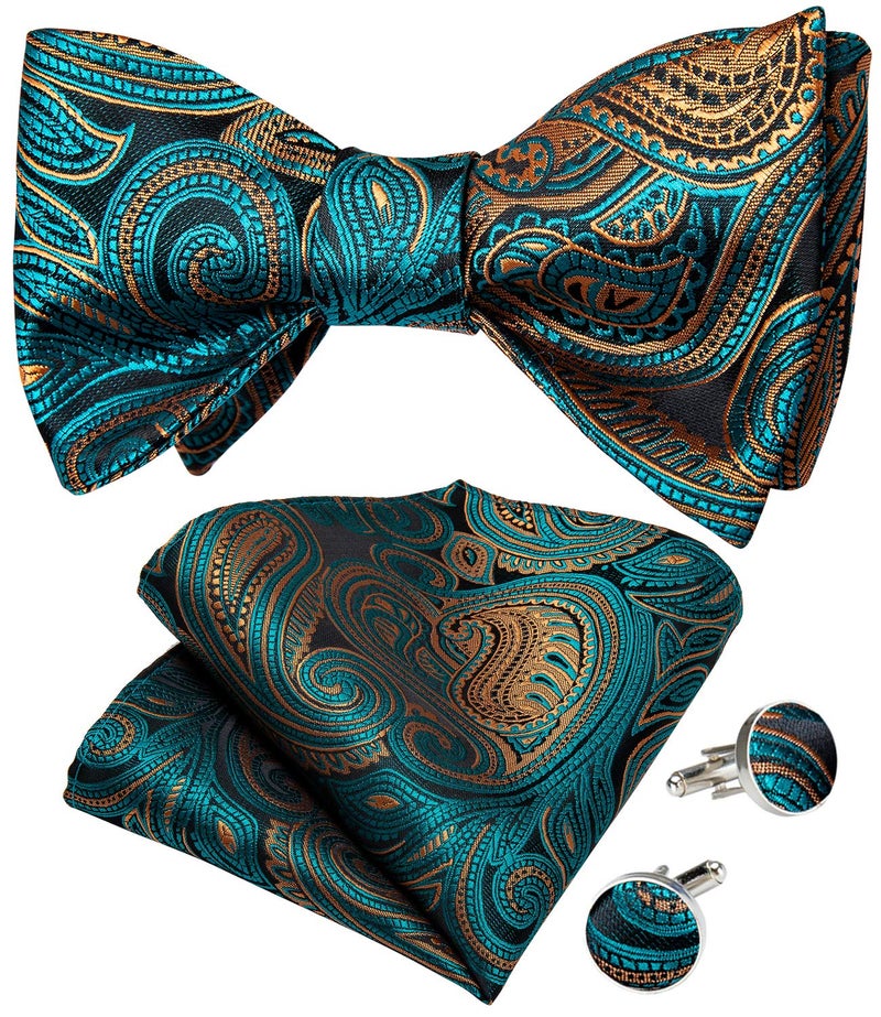 DiBanGu Paisley Bow Ties for Men Teal and Brown Woven Self Bow Tie and Handkerchief Cufflinks Set - Image 1