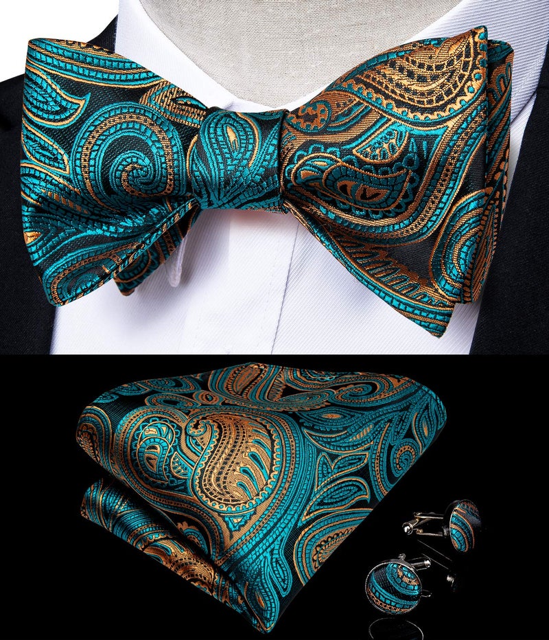 DiBanGu Paisley Bow Ties for Men Teal and Brown Woven Self Bow Tie and Handkerchief Cufflinks Set - Image 2