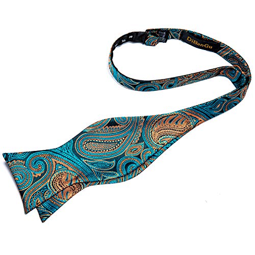 DiBanGu Paisley Bow Ties for Men Teal and Brown Woven Self Bow Tie and Handkerchief Cufflinks Set - Image 4