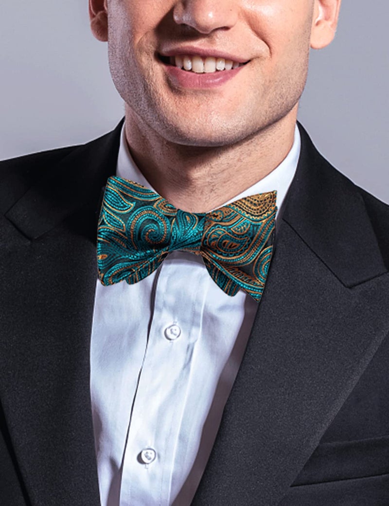 DiBanGu Paisley Bow Ties for Men Teal and Brown Woven Self Bow Tie and Handkerchief Cufflinks Set - Image 3