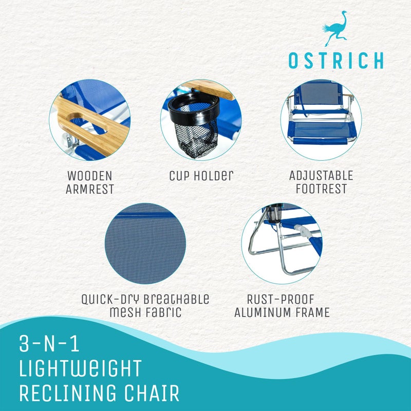Ostrich the Original 3N1 Lightweight Beach Reclining Lounge Chair with Footrest, Outdoor Furniture for Patio, Balcony, Backyard, or Porch, Blue - Image 3