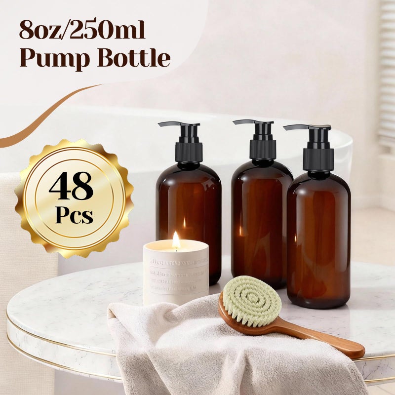 Otiamo 48 Pcs 8oz Plastic Amber Bottles with Pump Refillable Shampoo Dispenser Empty Hand Soap Pump Bottle Body Wash Container Bulk - Image 2