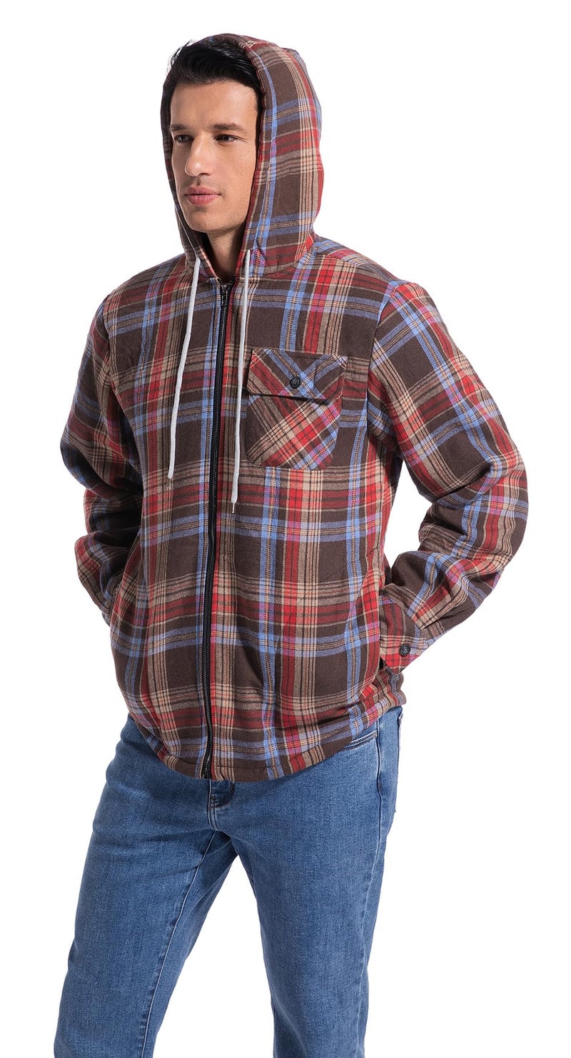 Elesuit Mens Zip Hoodie Jacket Flannel Fleece Plaid Shirts for Men with Hood Red X-Large - Image 2