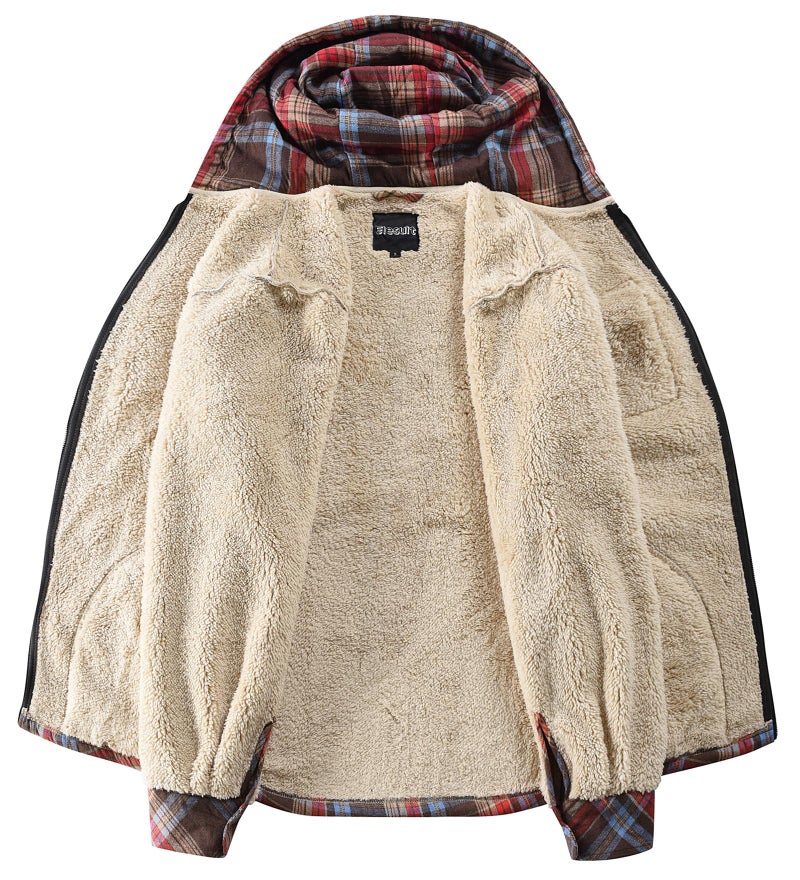 Elesuit Mens Zip Hoodie Jacket Flannel Fleece Plaid Shirts for Men with Hood Red X-Large - Image 4