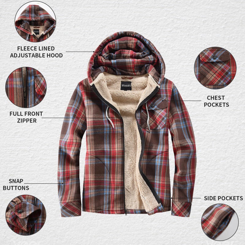 Elesuit Mens Zip Hoodie Jacket Flannel Fleece Plaid Shirts for Men with Hood Red X-Large - Image 5