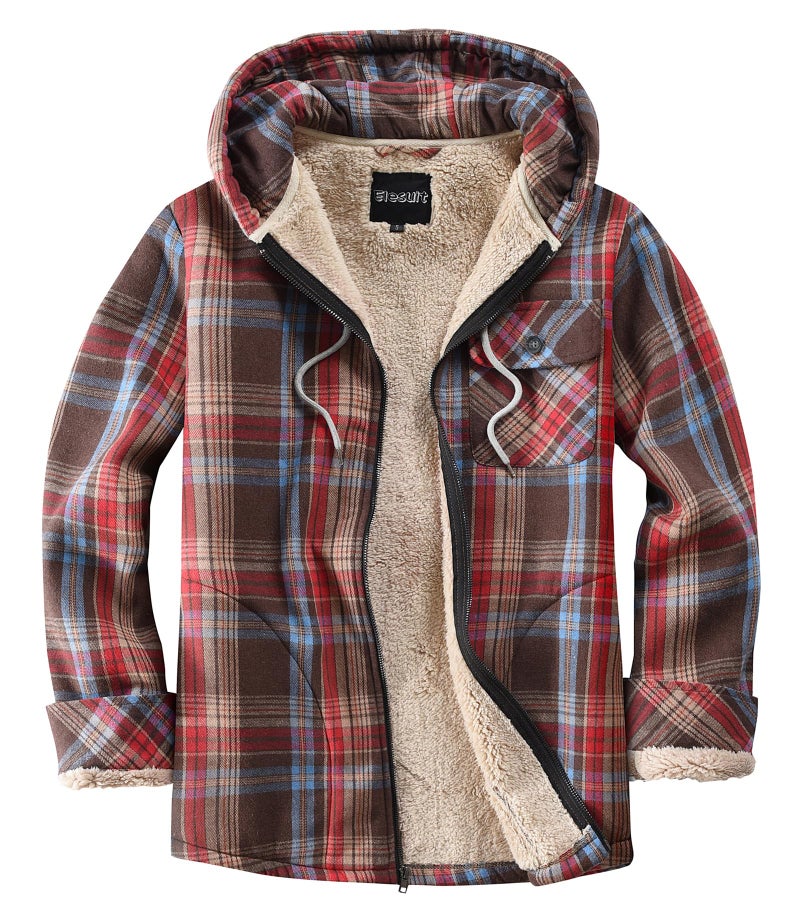 Elesuit Mens Zip Hoodie Jacket Flannel Fleece Plaid Shirts for Men with Hood Red X-Large - Image 1