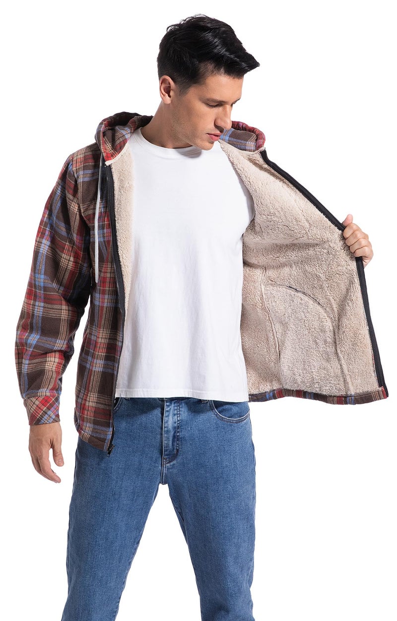 Elesuit Mens Zip Hoodie Jacket Flannel Fleece Plaid Shirts for Men with Hood Red X-Large - Image 3