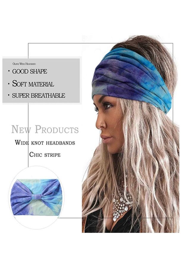 Generic Boho Elastic Tie Dye Wide Headbands, Cotton Breathable Non Slip Knot Head Wraps Yoga Sweatbands, Hair Scarf Fashion Hair Accessories for Sport Workout Running (Blue) - Image 5