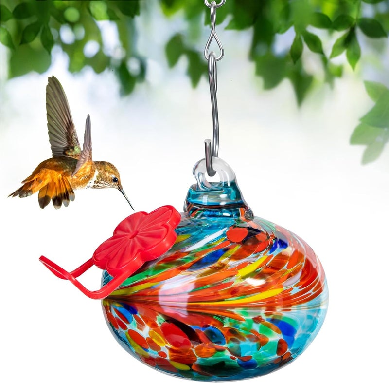 Nxpceay Small Hummingbird Feeder for Outdoors,Hand Blown Glass Humming Bird Feeders with Perch,Never Leak,Garden Patio Decor for Window(Phoenix Tail Blue) - Image 1