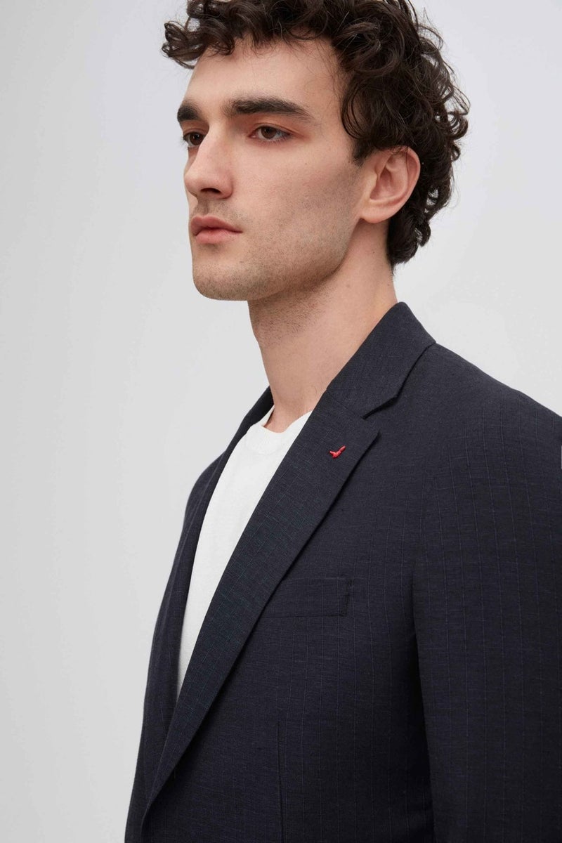 D'S DAMAT Regular Fit Navy Blue Striped Fabric Jacket 2HC04IR054940 - Image 3