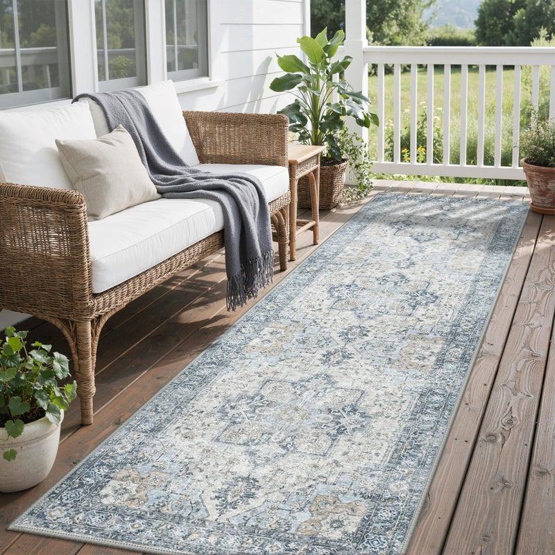 GENIMO Outdoor Indoor Runner Rug 25x8 Waterproof NonShedding Easy Cleaning Boho Mat for Patio Kitchen Balcony Bath Room Deck Bedroom Camping Outside CarpetBlue - Image 2