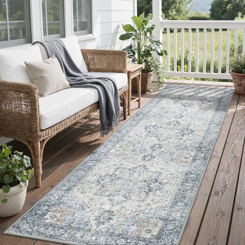 GENIMO Outdoor Indoor Runner Rug 25x8 Waterproof NonShedding Easy Cleaning Boho Mat for Patio Kitchen Balcony Bath Room Deck Bedroom Camping Outside CarpetBlue - Image 1