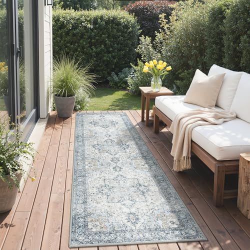 GENIMO Outdoor Indoor Runner Rug 25x8 Waterproof NonShedding Easy Cleaning Boho Mat for Patio Kitchen Balcony Bath Room Deck Bedroom Camping Outside CarpetBlue - Image 3