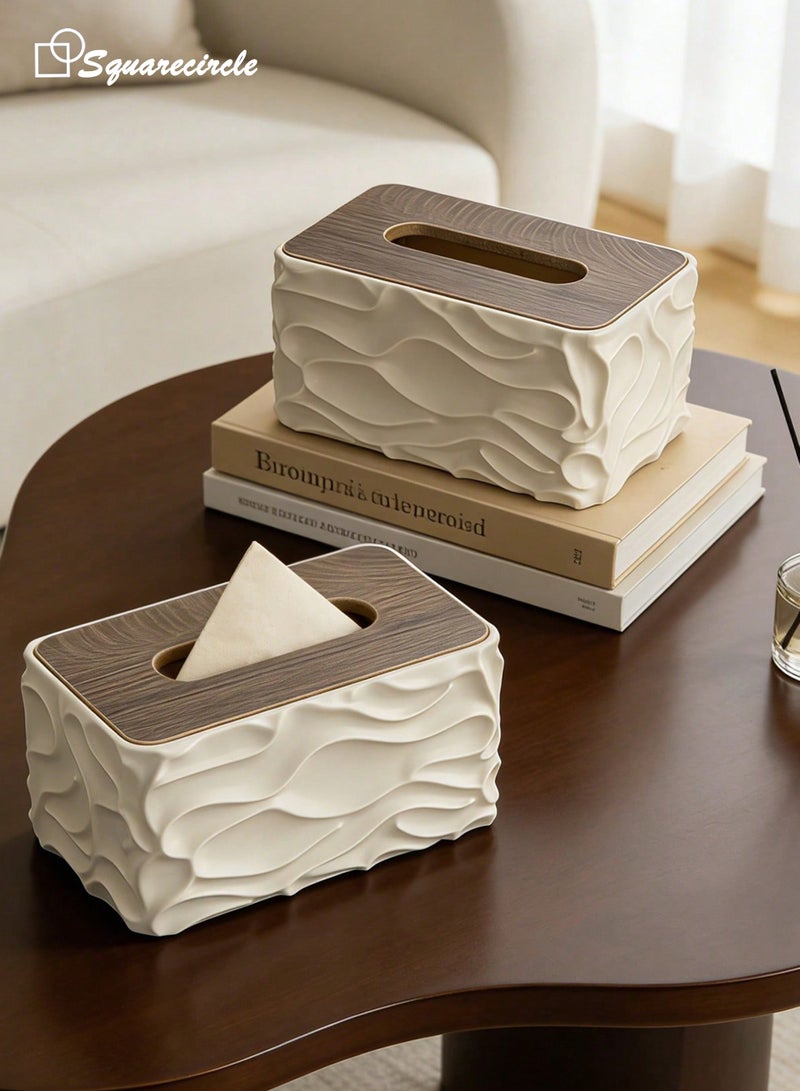 Squarecircle INS Style Cream White Tissue Box Cover with Wood-Grain Lid, Sculptural Wave Decorative Tissue Holder for Living Room, Bedroom, Office & Vanity - Image 2