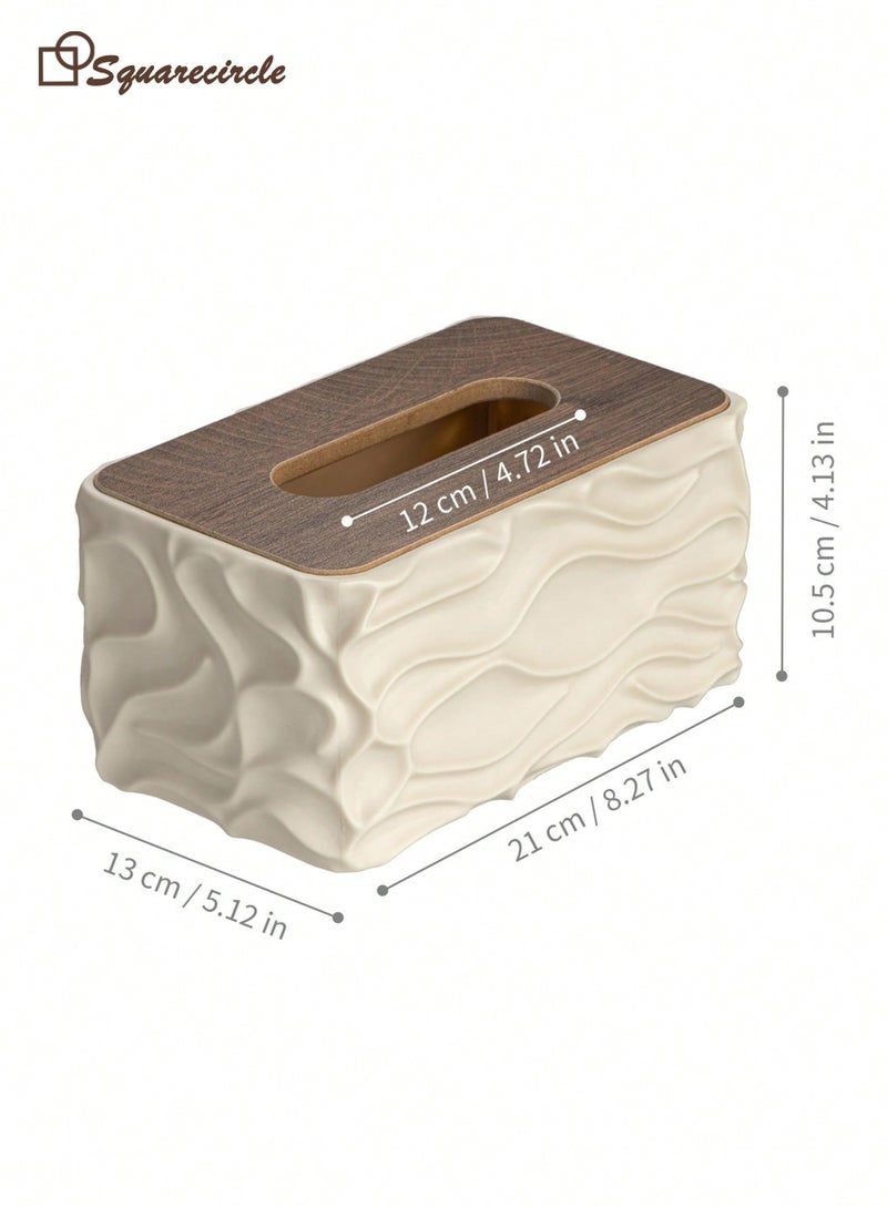 Squarecircle INS Style Cream White Tissue Box Cover with Wood-Grain Lid, Sculptural Wave Decorative Tissue Holder for Living Room, Bedroom, Office & Vanity - Image 5