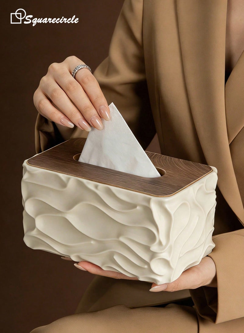 Squarecircle INS Style Cream White Tissue Box Cover with Wood-Grain Lid, Sculptural Wave Decorative Tissue Holder for Living Room, Bedroom, Office & Vanity - Image 4