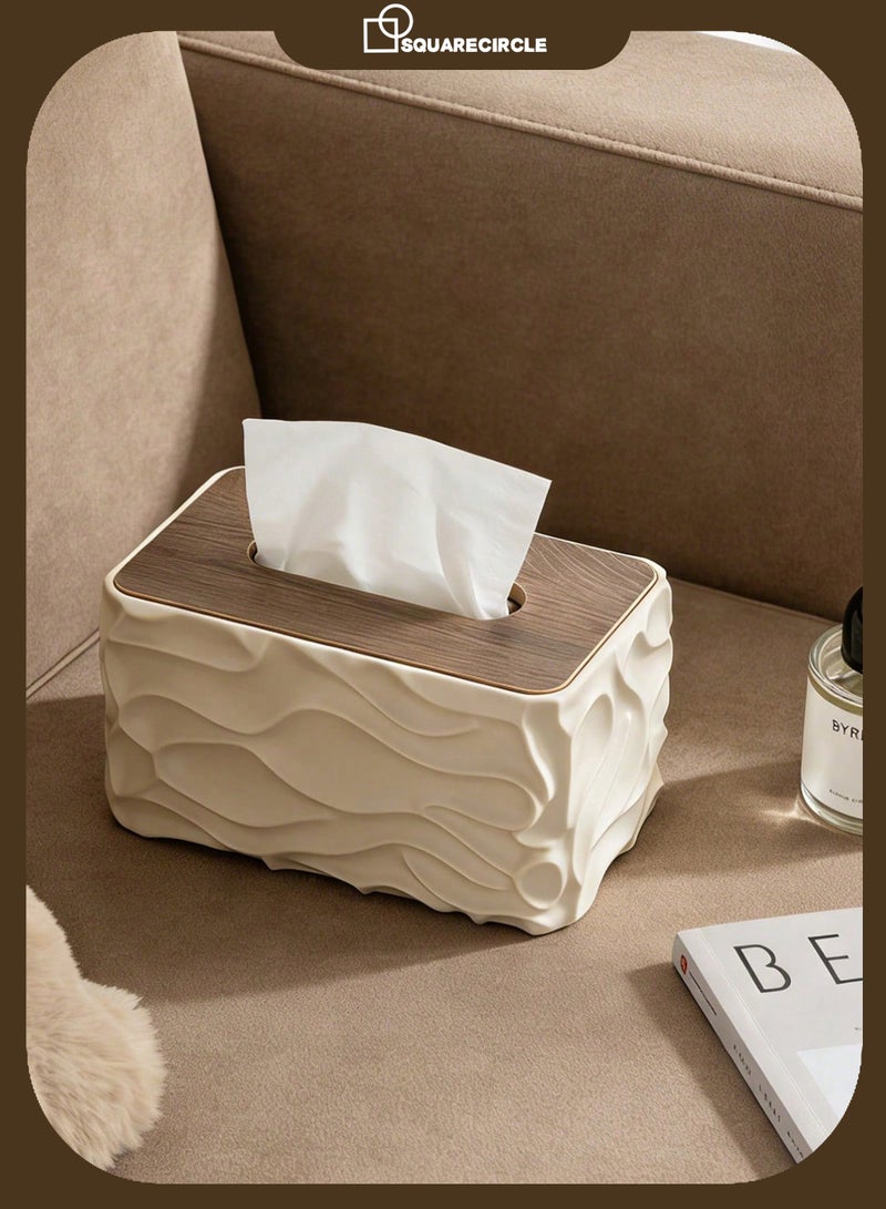 Squarecircle INS Style Cream White Tissue Box Cover with Wood-Grain Lid, Sculptural Wave Decorative Tissue Holder for Living Room, Bedroom, Office & Vanity - Image 1