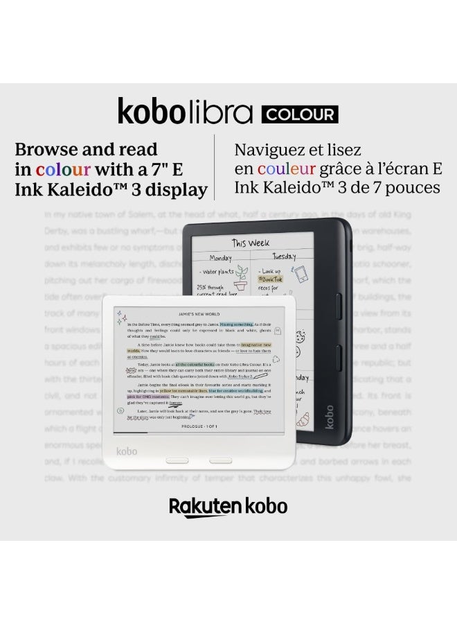 كوبو Kobo Libra Colour | قارئ كتب إلكتروني | شاشة E Ink Kaleido™ 3 ملونة مقاس 7 بوصات مضادة للتوهج | وضع داكن | يدعم الكتب الصوتية | مقاوم للماء | أبيض - Image 2