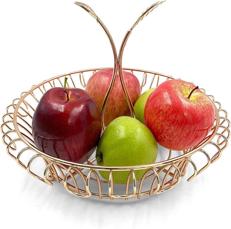 ALLCENER Fruit Bowl for Kitchen Counter Fruit Basket with Leafshaped Handle Stylish  Functional Fruit Holder Gold Basket Stylish and Functional Home Deco Gold - Image 2