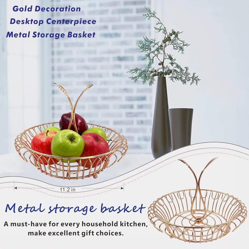 ALLCENER Fruit Bowl for Kitchen Counter Fruit Basket with Leafshaped Handle Stylish  Functional Fruit Holder Gold Basket Stylish and Functional Home Deco Gold - Image 5