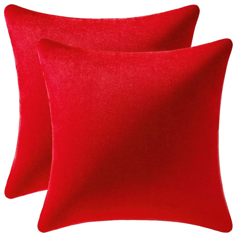 DEZENE Throw Pillow Covers 20x20 Red 2 Pack Cozy Soft Velvet Square Decorative Pillow Cases for Farmhouse Home Decor