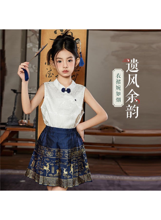 Ask Junior Girls' Summer Outfit Set For Older Children, Sleeveless T-shirt With Chinese-style Horse-face Skirt, Preppy Style Sports Children's Outfit, Blue