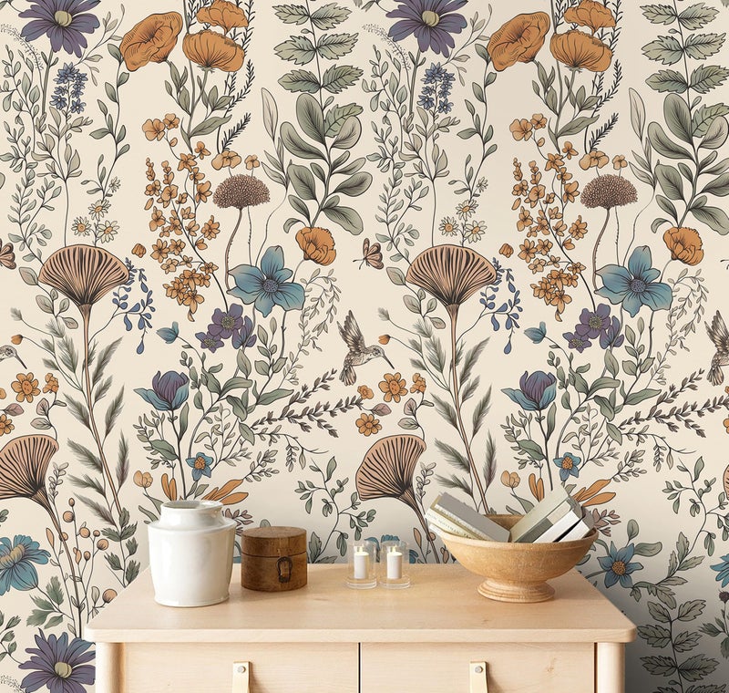 CiCiwind Boho Peel and Stick Wallpaper Floral Birds Wall Paper Vintage Removable Self Adhesive Contact Paper for Kitchen Bedroom Bathroom Decoral Cabinets and Drawers 78.7"Ã—17.3" - Image 2